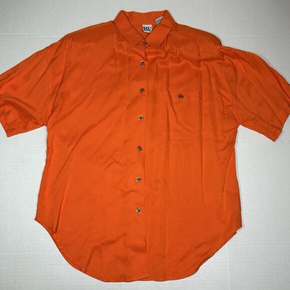Vtg Basic Essentials Button Down Shirt Top Short Sleeve Orange Sz M Pocket Flaw - Picture 2 of 5